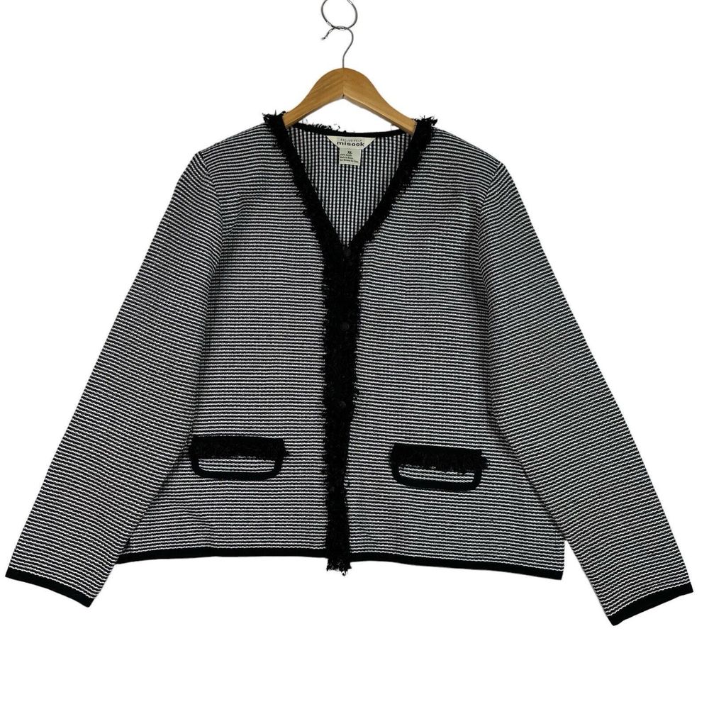 Exclusively Misook‎ Fringe Trim Cardigan Jacket Black White Knit Career Classic